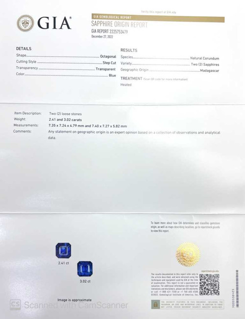 5.43 Carat Asscher Cut Blue Sapphire Gemstone, Vivid Intense, GIA Certified, Matched Pair