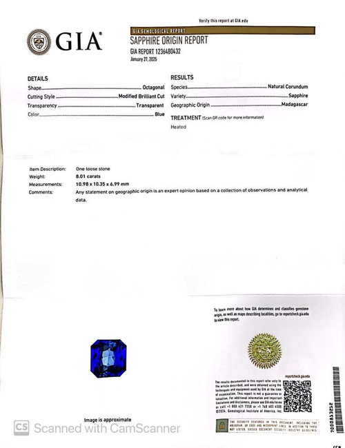 Asscher Cut Blue Sapphire Gemstone 8.03 Carat Vivid Intense