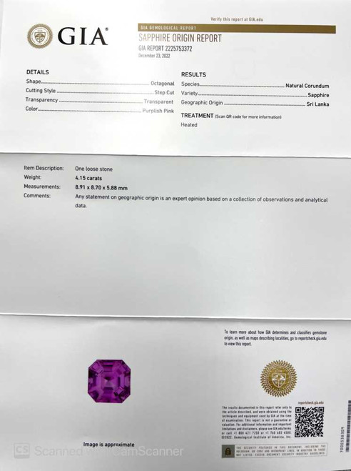 Asscher Cut Pink Sapphire Gemstone 4.15 Carat Vivid Intense