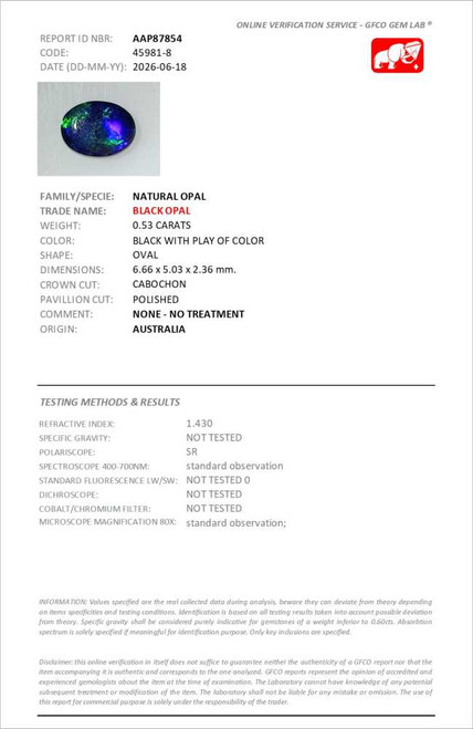 Cabochon Oval Black Opal Gemstone – 0.54 Carat, Multi Colour