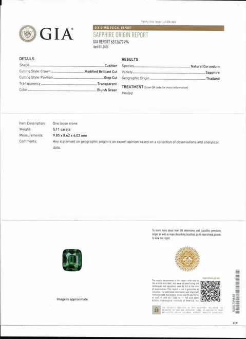 Cushion Green Sapphire Gemstone – 5.11 Carat, Vivid Intense, GIA Certified