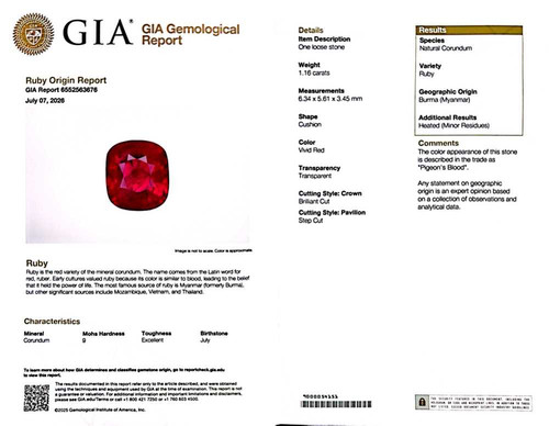 Cushion Ruby Gemstone 1.17 Carat Vivid Intense