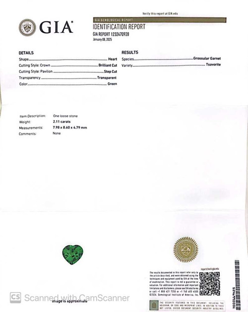 Vivid Intense Green Heart Tsavorite Gemstone – 2.11 Carat, Unheated, GIA Certified