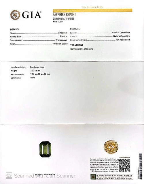 Octagon Cut Green Sapphire Gemstone, 3 Carat – Medium Intense, Unheated, GIA Certified