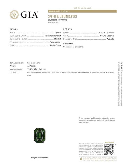 Deep Octagon Cut Green Sapphire Gemstone – 6.57 Carat, Unheated, GIA Certified