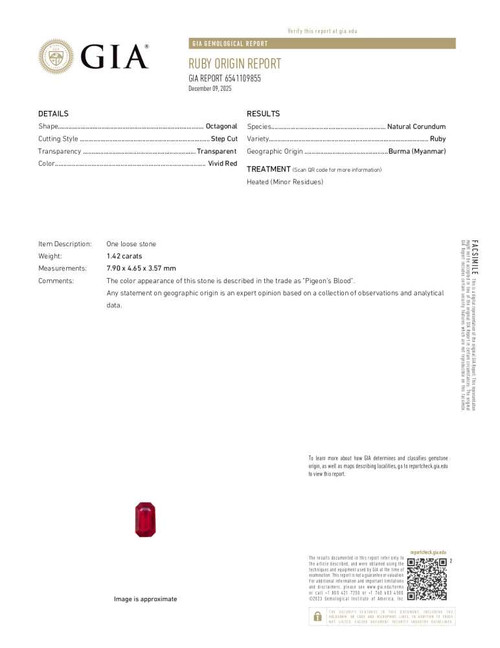 1.42 Carat Octagon Cut Ruby Gemstone – Vivid Intense Red, GIA Certified