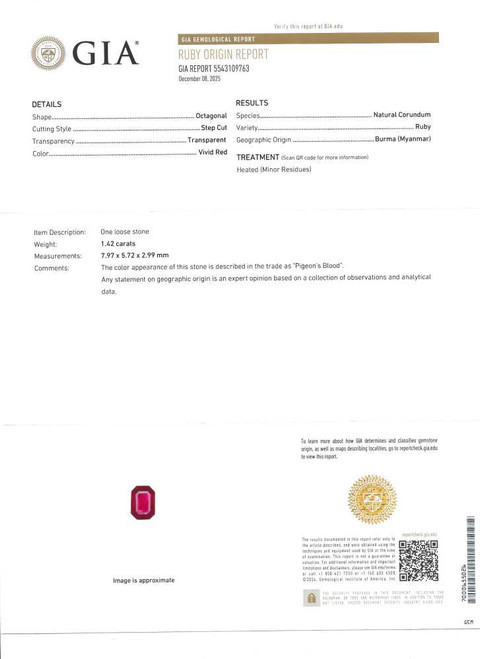 Octagon Cut Ruby Gemstone, 1.42 Carat – Vivid Intense Red, GIA Certified, Burma Origin