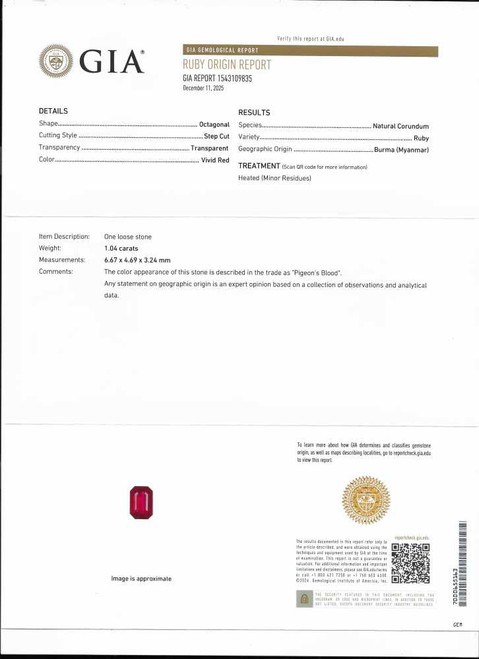 1.04 Carat Octagon Cut Ruby Gemstone, Vivid Intense Red, GIA Certified