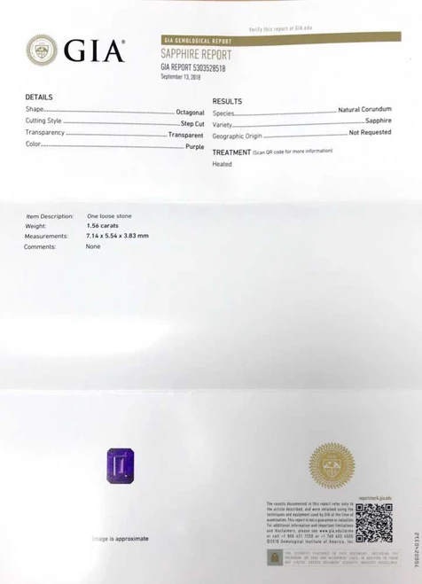 Octagon Cut Purple Sapphire Gemstone – 1.56 Carat, Vivid Intense, GIA Certified