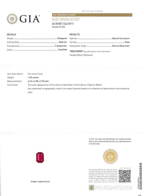 Octagon Cut Ruby Gemstone – 1.05 Carat, Vivid Intense Red, GIA Certified, Burma Origin