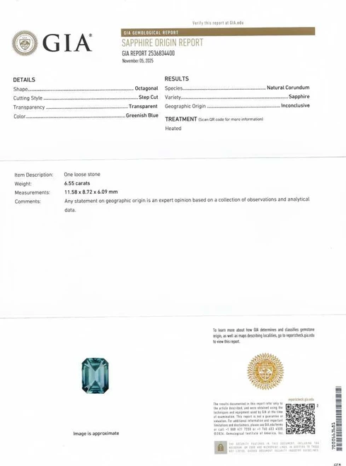 Octagon Cut Teal Sapphire Gemstone – 6.55 Carat – Medium Intense Green, GIA Certified