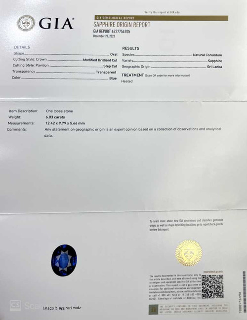 Oval Blue Sapphire Gemstone 6.03 Carat Vivid Intense