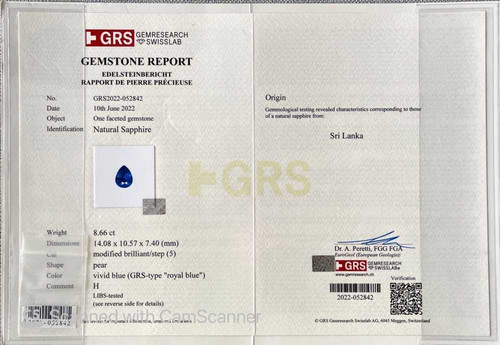 8.66 Carat Pear Shape Blue Sapphire Gemstone – Vivid Intense, GRS Certified
