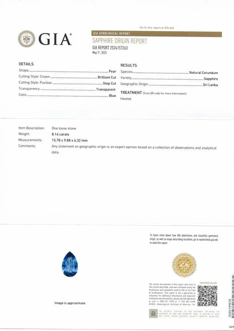 Pear Shape Blue Sapphire Gemstone – Medium Light – 8.17 Carat, GIA Certified