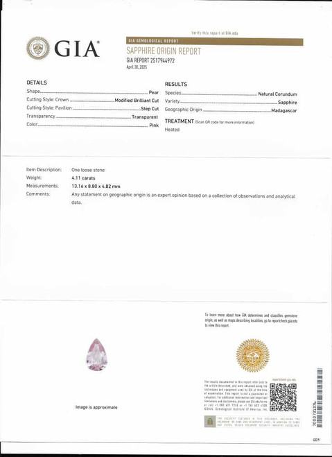 Pear Shape Peach Sapphire Gemstone, 4.11 Carat – Medium Intense Pink-Peach, GIA Certified