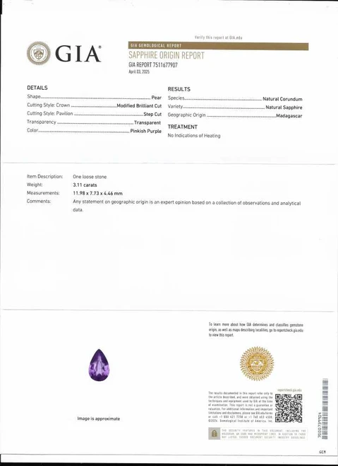 Pear Shape Purple Sapphire Gemstone – 3.11 Carat, Medium Intense, Unheated, GIA Certified