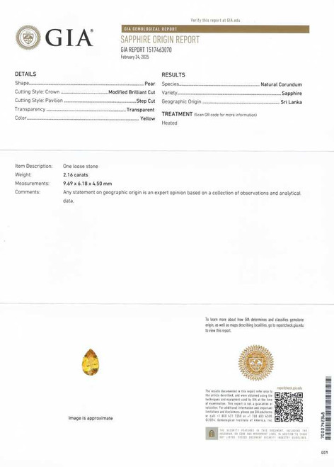 2.16 Carat Pear Shape Yellow Sapphire Gemstone – Deep, GIA Certified