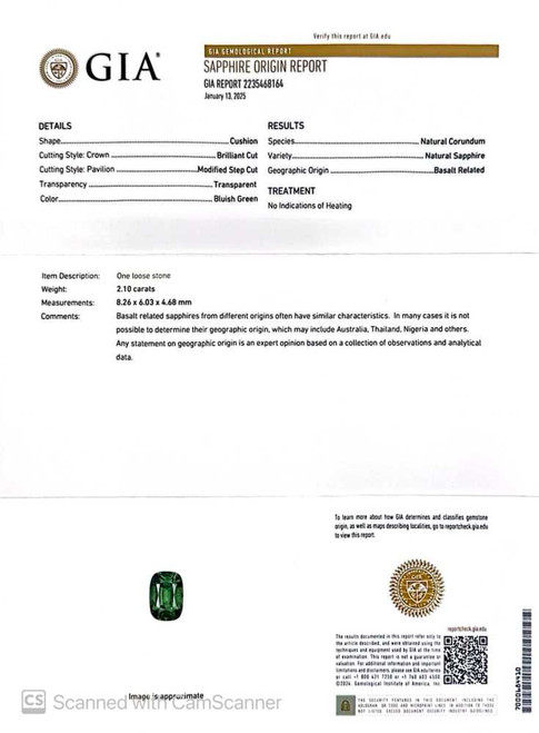 2.1 Carat Rectangular Cushion Green Sapphire Gemstone – Vivid Intense, Unheated, GIA Certified