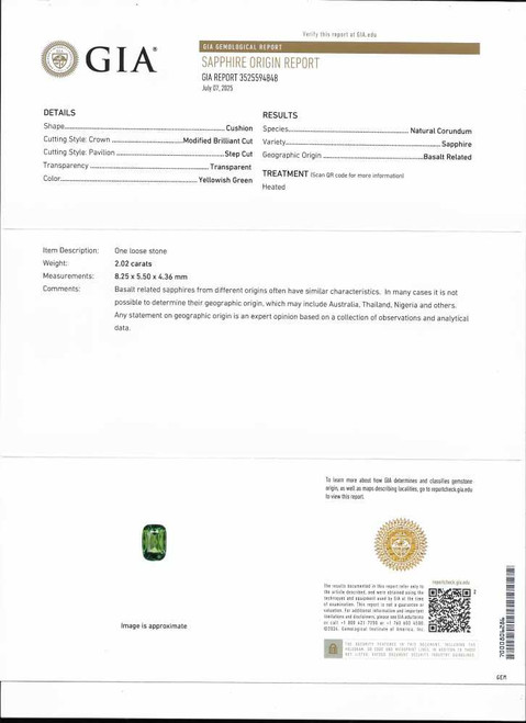 Rectangular Cushion Green Sapphire Gemstone – Vivid Intense – 2.02 Carat, GIA Certified
