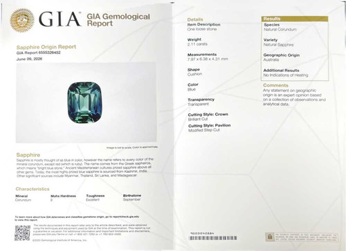 Vivid Intense Green-Teal Rectangular Cushion Teal Sapphire Gemstone – 2.11 Carat, Unheated, GIA Certified
