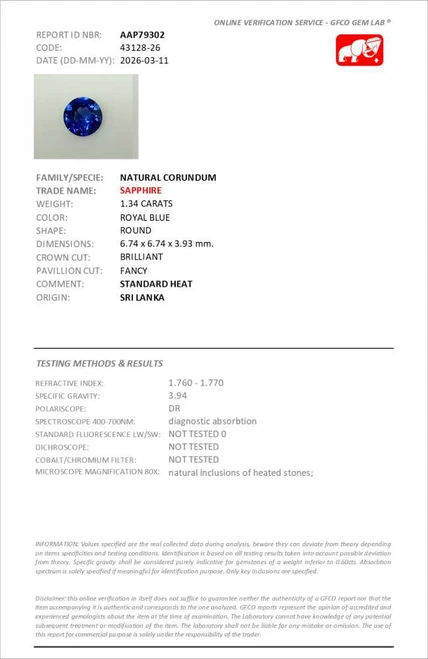 Round Blue Sapphire Gemstone – Vivid Intense – 1.34 Carat