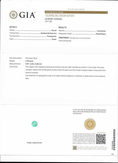 Round Paraiba Tourmaline Gemstone – 0.78 Carat – Medium Intense Green, GIA Certified