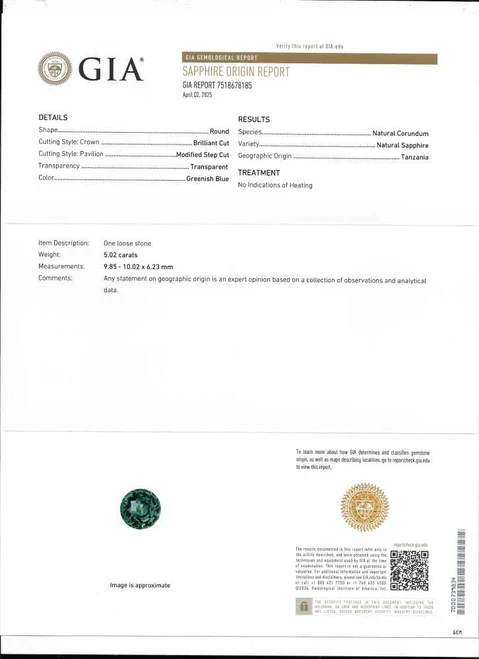 Vivid Intense Green-Teal Round Teal Sapphire Gemstone – 5.02 Carat, Unheated, GIA Certified