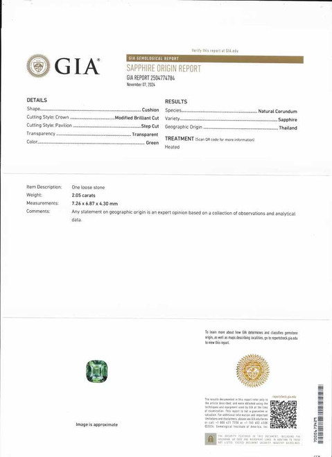2.05 Carat Square Cushion Green Sapphire Gemstone – Vivid Intense, GIA Certified