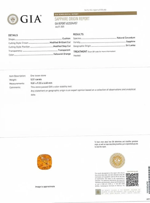5.51 Carat Square Cushion Orange Sapphire Gemstone, Vivid Rich, GIA Certified