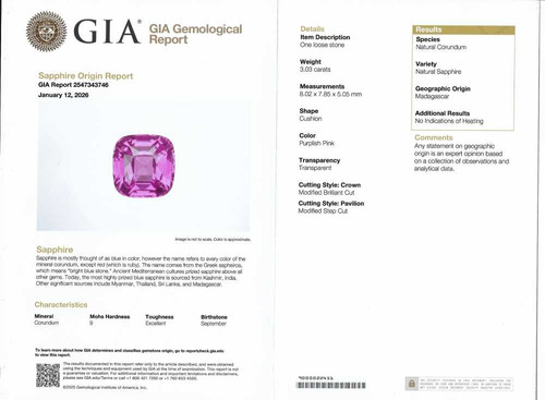 Square Cushion Pink Sapphire Gemstone 3.03 Carat Vivid Intense