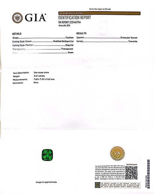Square Cushion Tsavorite Gemstone – 2.61 Carat, Vivid Rich Green, Unheated, GIA Certified