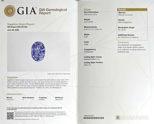 Oval Purple Sapphire Gemstone, 2.02 Carat – Medium Light, Unheated, GIA Certified