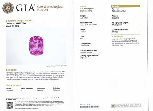 Vivid Intense Rectangular Cushion Pink Sapphire Gemstone – 2.08 Carat, GIA Certified