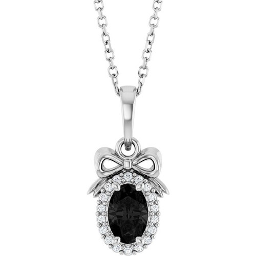 Sterling Silver Natural Black Onyx & Natural Diamond Bow Necklace 0.04 CTW, 16-18 Inch - $552