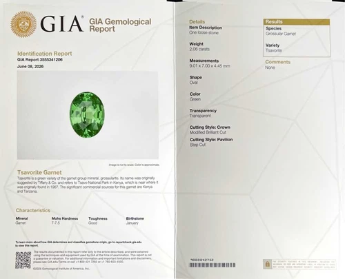 Oval Tsavorite Gemstone – Medium Intense Green – 2.06 Carat, Unheated, GIA Certified