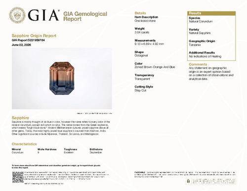 3.04 Carat GIA Certified Unheated Vivid Medium Teal Blue & Medium Peach Bicolor Sapphire Octagon Cut Gemstone, 9.13 x 6.89 x 4.92 mm