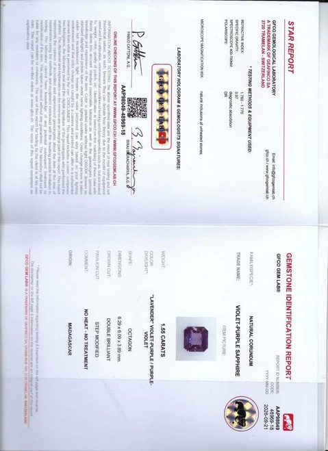 Asscher Cut Purple Sapphire Gemstone 1.55 Carat Vivid Intense
