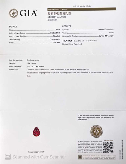 Pear Shape Ruby Gemstone 1.24 Carat Vivid Intense