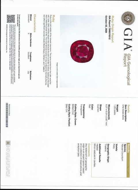 Square Cushion Ruby Gemstone 1.28 Carat Vivid Intense