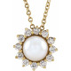 14 Karat Yellow Gold Cultured White Akoya Pearl and 0.16 Carat Diamond Halo Style 16 inch Necklace