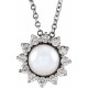 Platinum Cultured White Akoya Pearl and 0.16 Carat Diamond Halo Style 16 inch Necklace