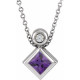 Platinum 4 mm Square Natural Amethyst and .03 Carat Natural Diamond 16 inch Necklace