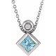 Sterling Silver 4 mm Square Natural Aquamarine Gem and .03 Carat Natural Diamond 16 to 18 inch Necklace