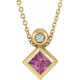 14 Karat Yellow Gold 4 mm Square  Pink Tourmaline and .03 Carat Diamond 16 inch Necklace