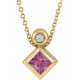 14 Karat Yellow Gold 4x4 mm Square  Pink Tourmaline & .03 Carat Diamond 16 18 inch Necklace