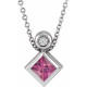 Platinum 4 mm Square  Pink Tourmaline and .03 Carat Diamond 16 inch Necklace
