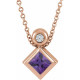 14 Karat Rose Gold 4 mm Square Natural Amethyst and .03 Carat Natural Diamond 16 inch Necklace