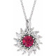 14 Karat White Gold Lab Grown Ruby and 0.50 Carat Diamond Halo Style 16 inch Necklace