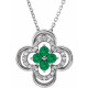 14 Karat White Gold Lab Grown Emerald and 0.10 Carat Natural Diamond Clover 18 inch Necklace