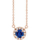 Created Sapphire Necklace in 14 Karat Rose Gold 4.5 mm Round Lab Sapphire and .06 Carat Diamond 18 inch Necklace